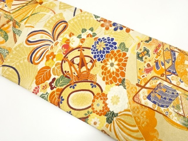 JAPANESE KIMONO / ANTIQUE MARU OBI / GOSHO-GURUMA PATTERN WOVEN THE FA